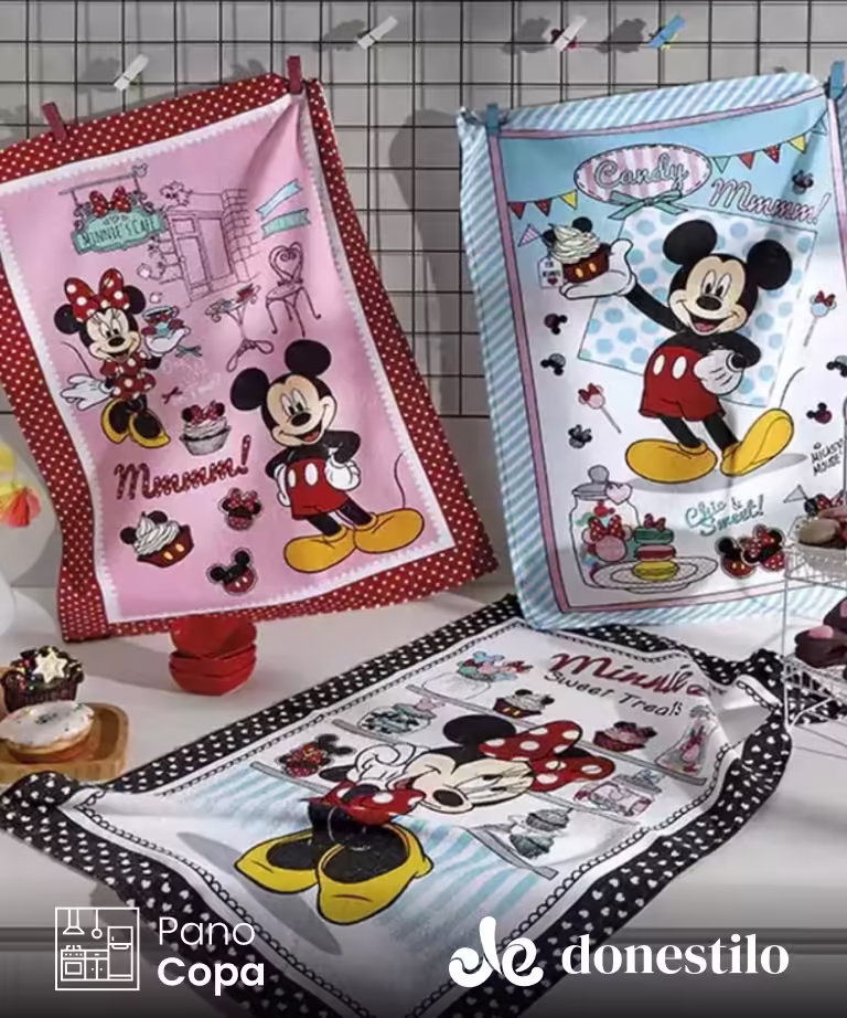 Pano de Copa Dohler Prata Mickey e Minnie13 45 cm X 65 cm