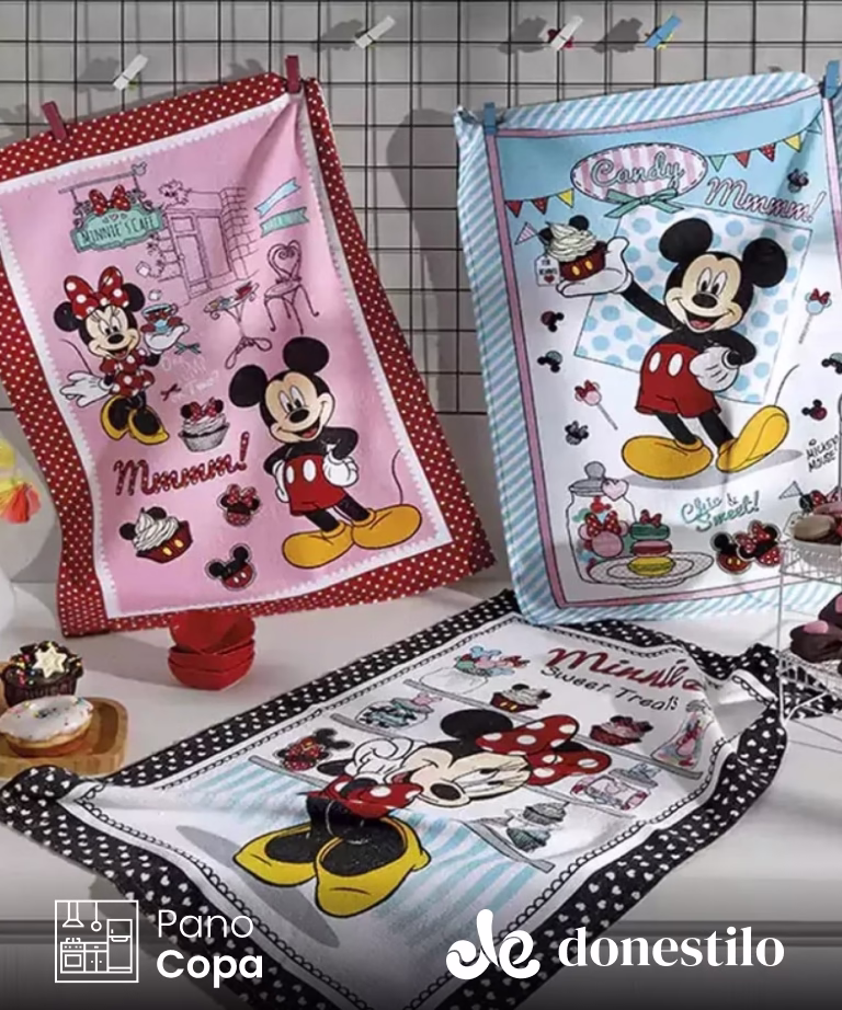 Pano de Copa Dohler Prata Mickey e Minnie13 45 cm X 65 cm