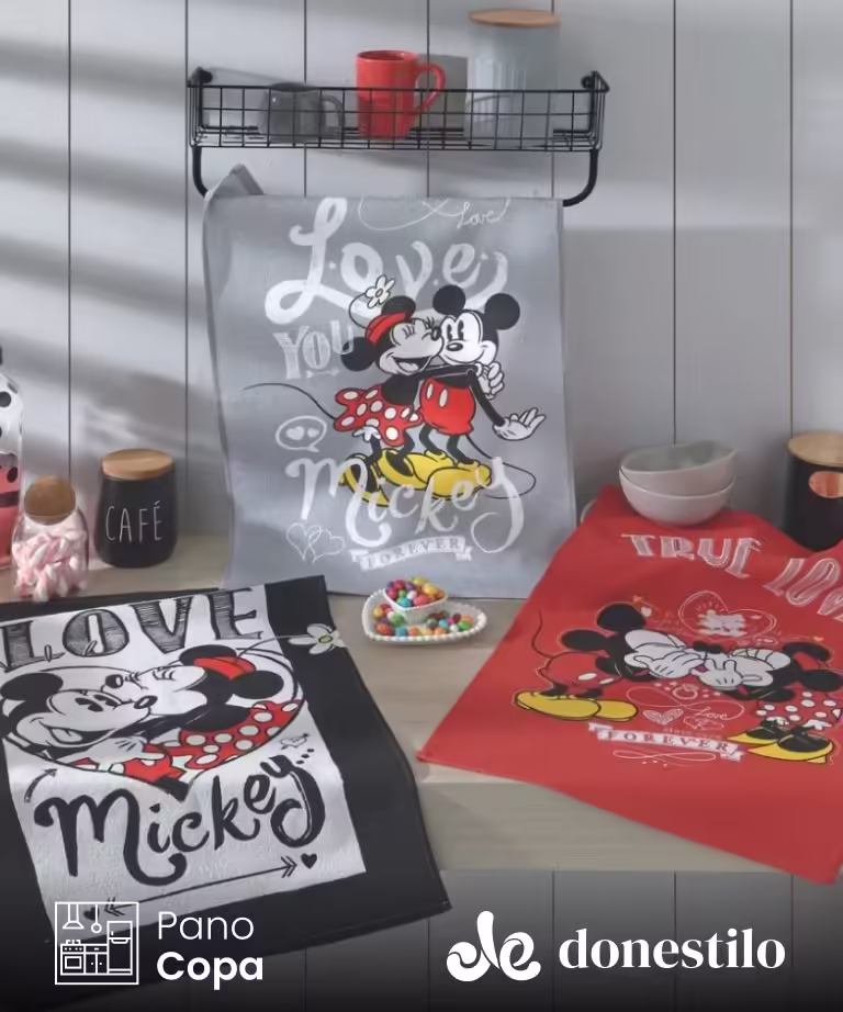 Pano de Copa Dohler Prata Mickey e Minnie22 45 cm X 65 cm