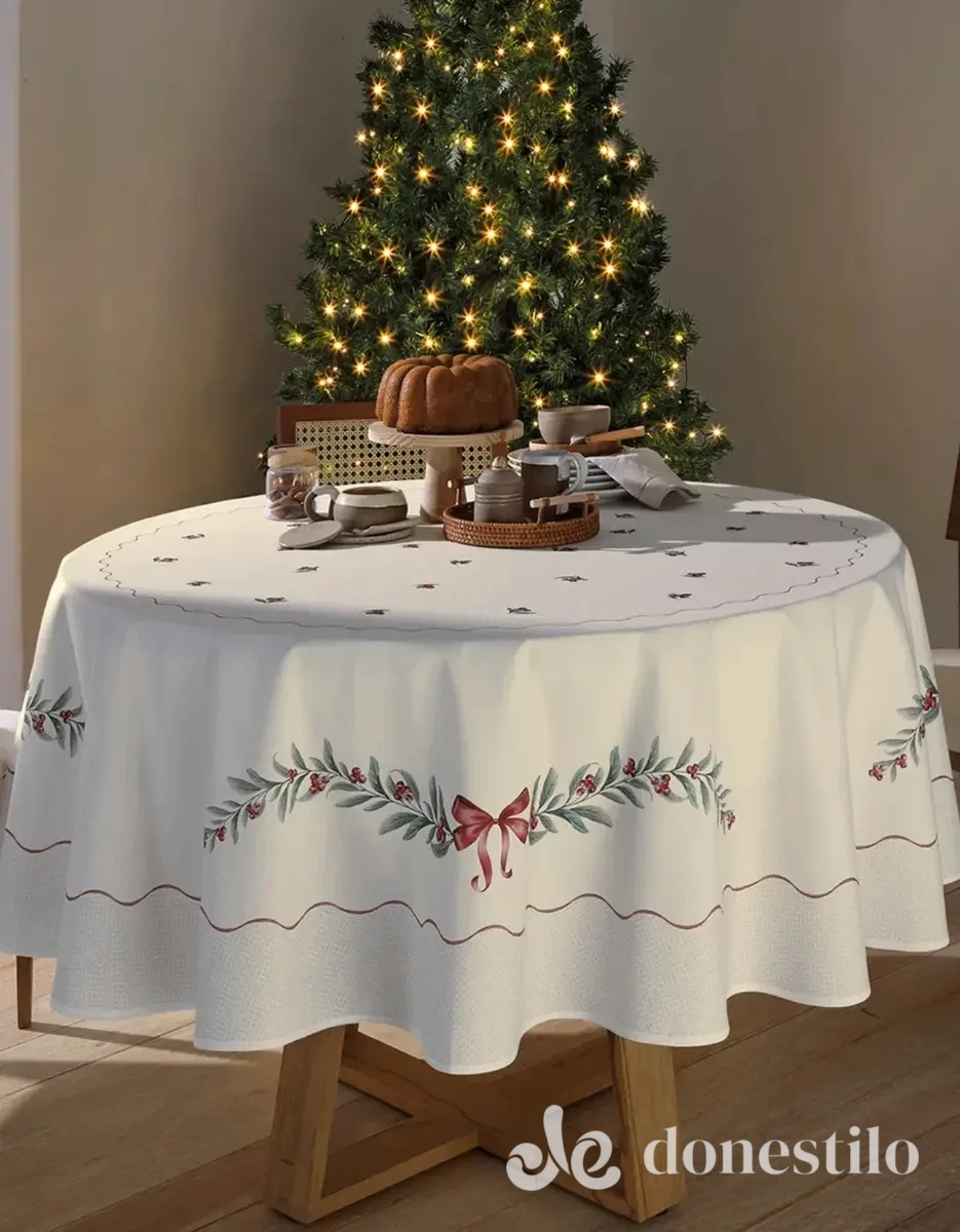 Toalha de Mesa Redonda Dohler Clean Matisse Estampado Digital Laços de Natal 8 Lugares 2,00m